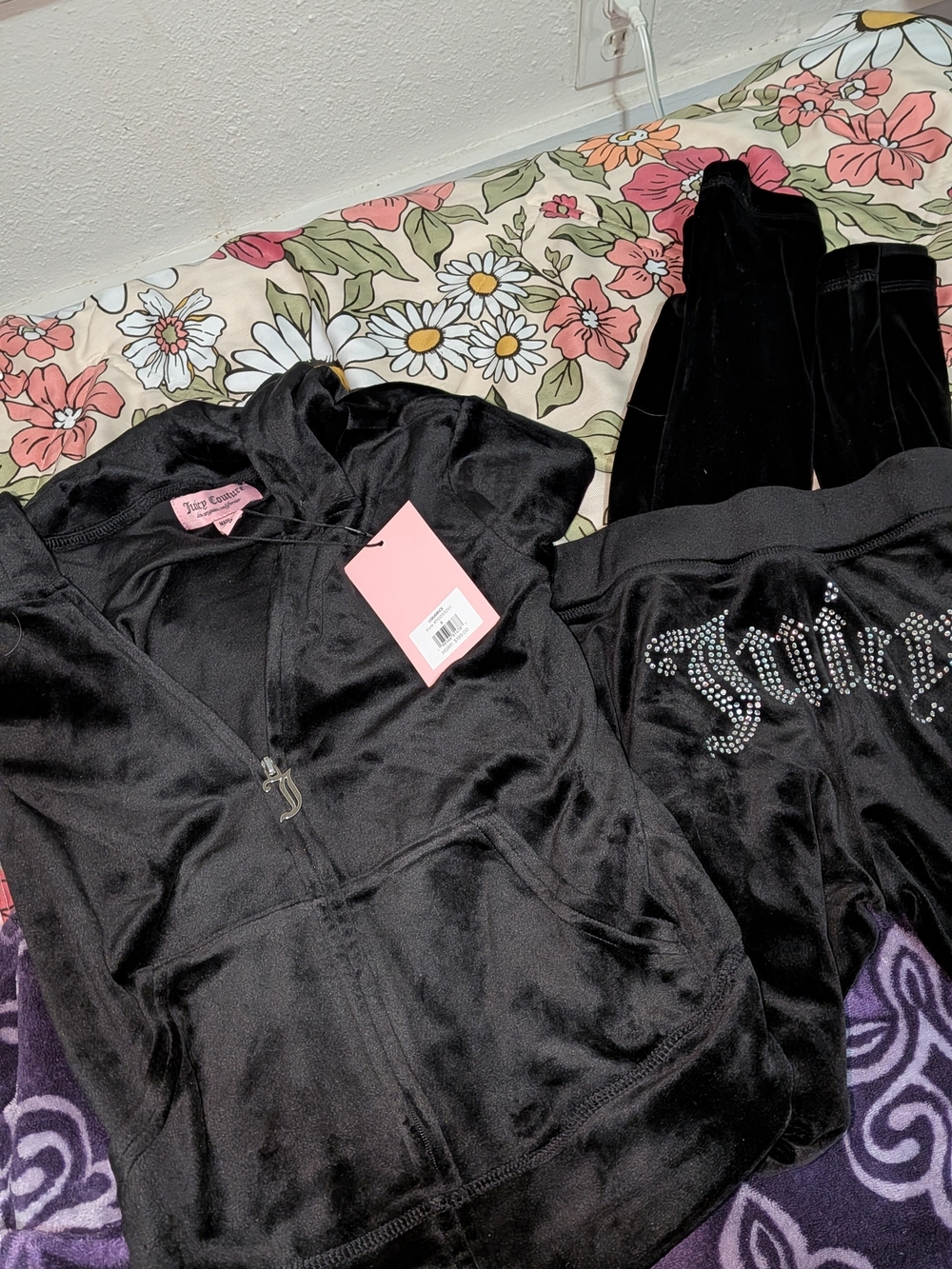 Authentic Juicy Couture Classic Velour Tracksuit Set Licorice Black Rhinestone